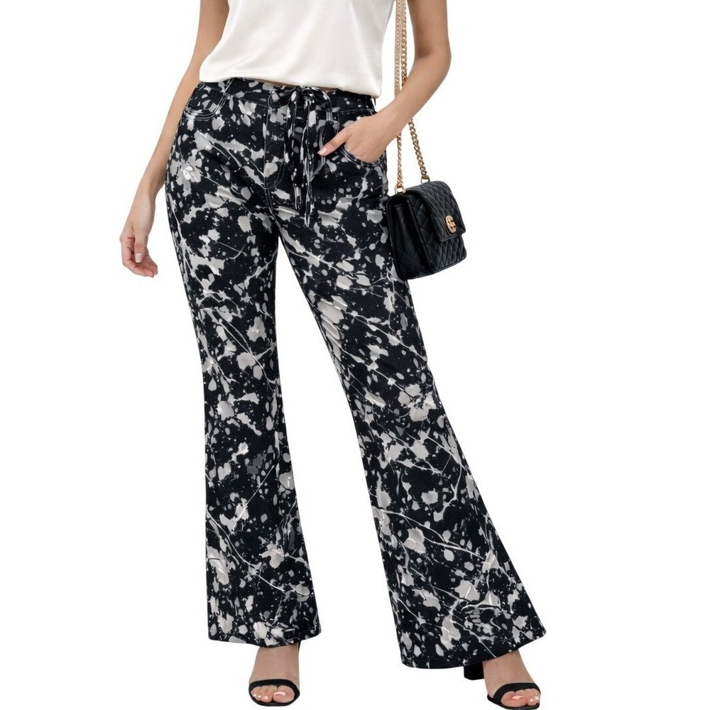 Eye Candy‎ Womens Black White Paint Splatter Flare Leg Pants High Waist NWT